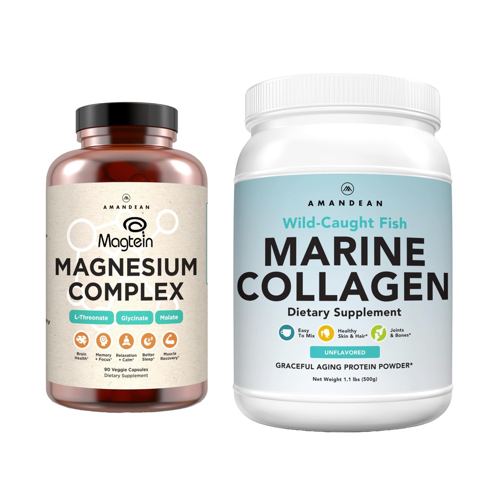AMANDEAN Premium Magnesium Complex & Marine Collagen Bundle. Korkea absorptio Magnesiumtuhka, Glycinate & Malate. Wild-Caught Hydrolyzed Fish Collagen Protein. Tuki laadukkaita unia, ihoa ja mielialaa