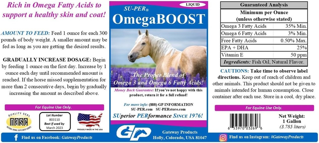 SU-PER OmegaBOOST Fish Oil for Horses - Premium Omega 3 ja Omega 6 rasvahapot täydentää - tukee terve iho & takki - 1 Gallon