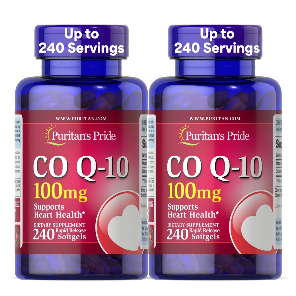 Puritans Pride Coenzyme CoQ10 100mg, Kosttillskott för hjärthälsa, blodtryck, Oral Gum Health och Healthy Aging Support, 240 Rapid Release Softgels, 2-Pack
