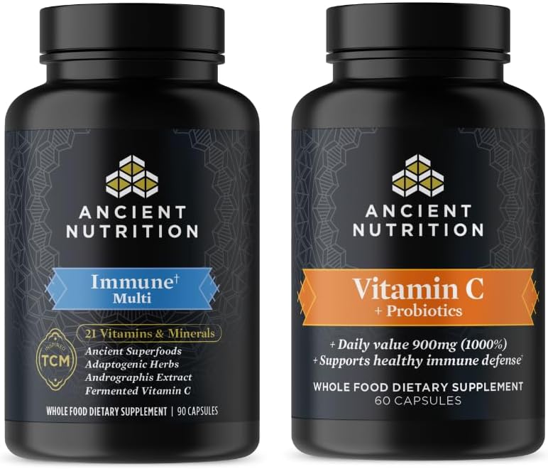 Ancient Nutrition Multi Immunomy Capsules, 90 Count + C-vitamiini + Probiootit Kapselit, 60 Count