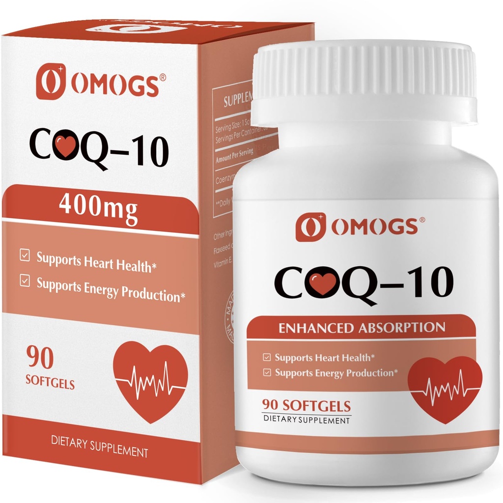 OMOGS CoQ10 400 mg Softgels, Coenzyme Q10 High Imeytyminen Lisäravinteet Tuki Heart Health, Cardiovascular Health, Immunojärjestelmä & Cellular Energy Production, Gluteeniton, 90 Softgels