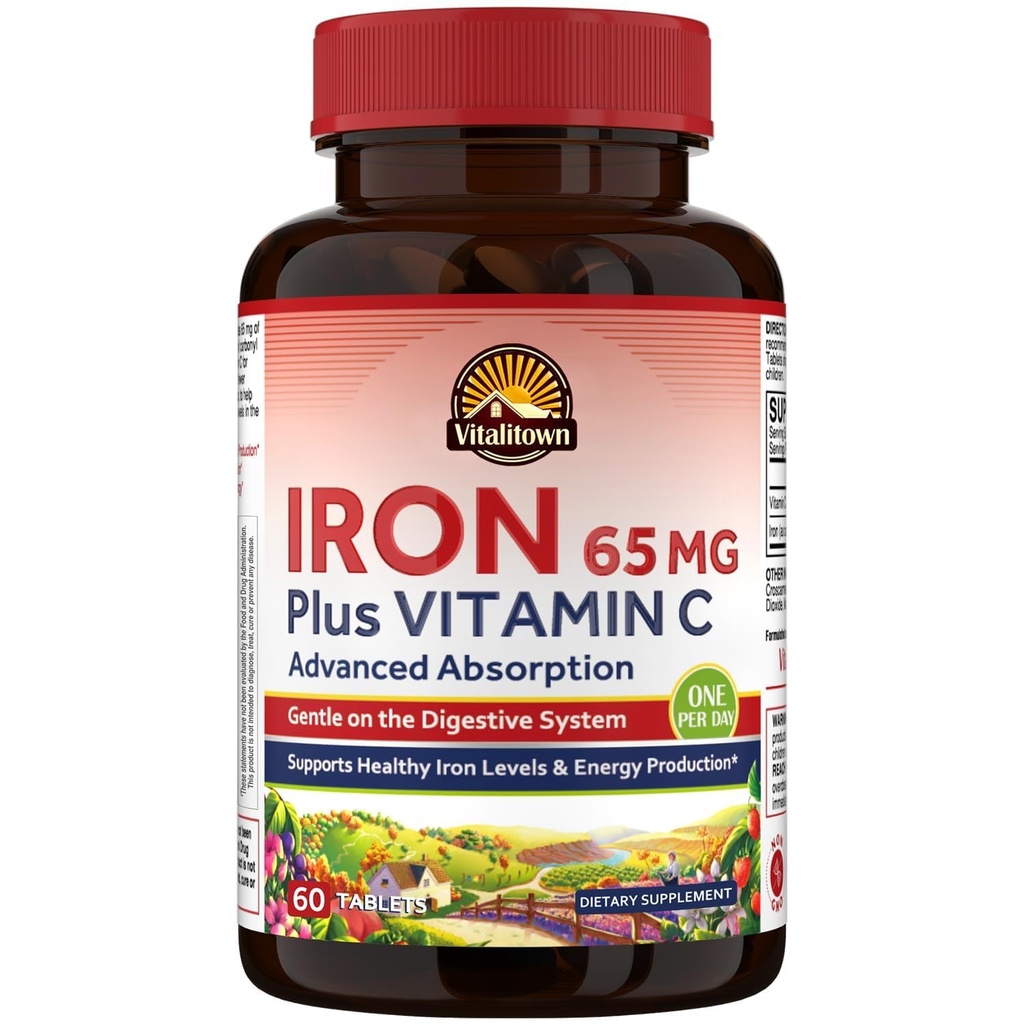Vitalitown järntillskott för kvinnor män, Hign Potency 65mg järn med vitamin C 250mg, mindre förstoppande, bättre för blodbyggnad och energiförbättring, ingen gluten, icke-GMO 60 Vegan järnpiller