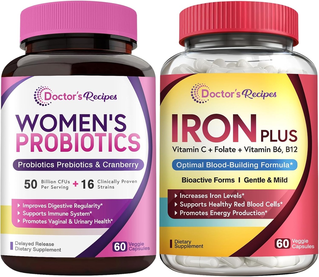 Doktorns recept Kvinnors Probiotiska & Järn Plus Bundle, Feminine Health & Blood Support, Probiotic Capsules 60ct & Iron Capsules 60 ct