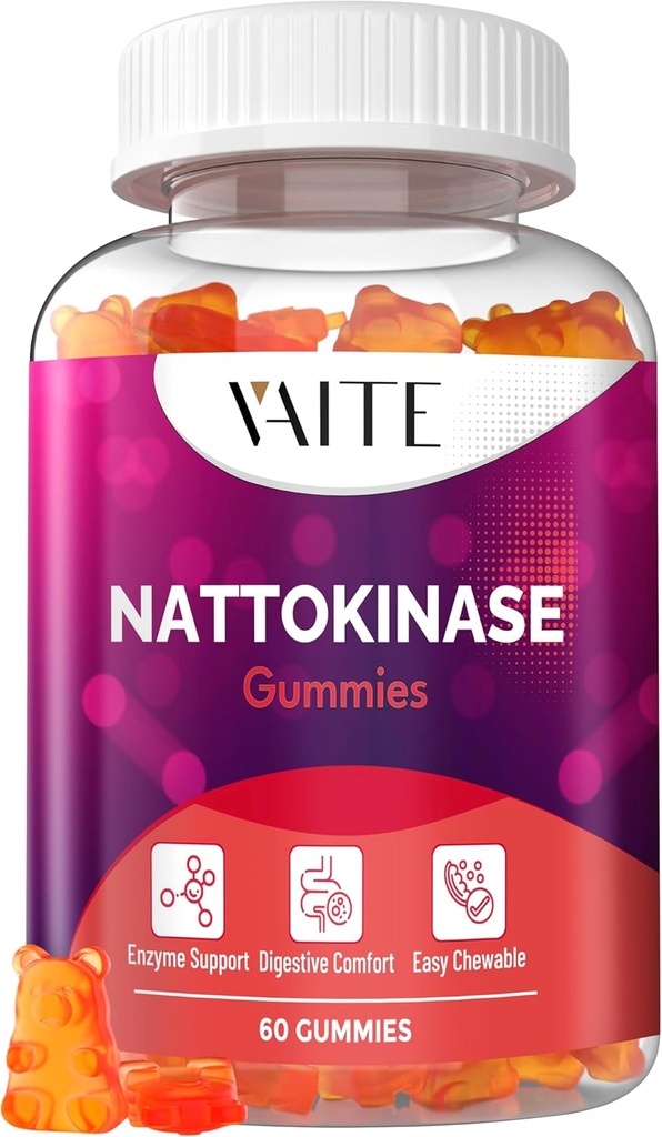 VAITE Nattokinase Supplement 2000 FU (Fibrinolytiska enheter) 100mg - Enzym Supplement, Vegan Formel, Stöder Hälsa, Dubbel Styrka, Icke-GMO, Soja Fri, Glutenfri, 60 Vegetariska Gummies