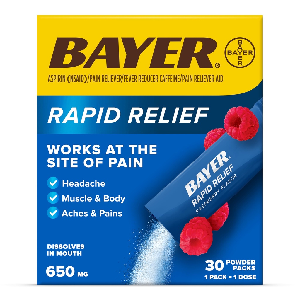 Bayer Rapid Relief -jauhepakkaukset, joissa on aspiriinia ja kofeiinia, ratkaistavissa nopeasti toimivat kipulääkkeet päänsärkyyn, lihas- ja vartalokipuun, vadelmamamaku (pakkaus voi vaihdella), 3 x 10 annoksen pakkaus