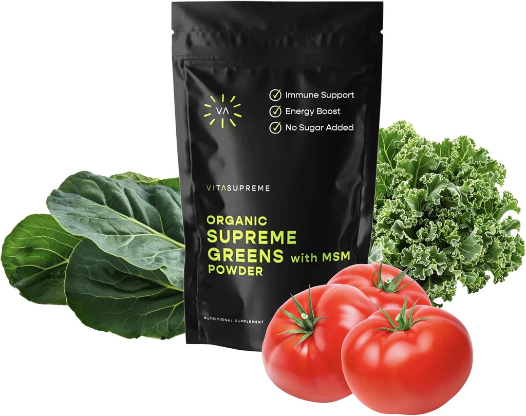 Organic Superfood Greens Powder with MSM, for Gut Health, Digestion, Immunosupport, Energy, and more (Sugar Free, non-GMO, Keto, Vegan), 60 tarjoilua, 30 päivän tarjonta