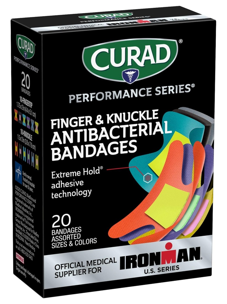 CURAD Performance Series IRONMAN Antibacterial Bandages, Extreme Hold Adhesive Technology, Finger & Knuckle Bandages, Flexible Fabric, Variety Pack med diverse storlekar och färger, 20 Count