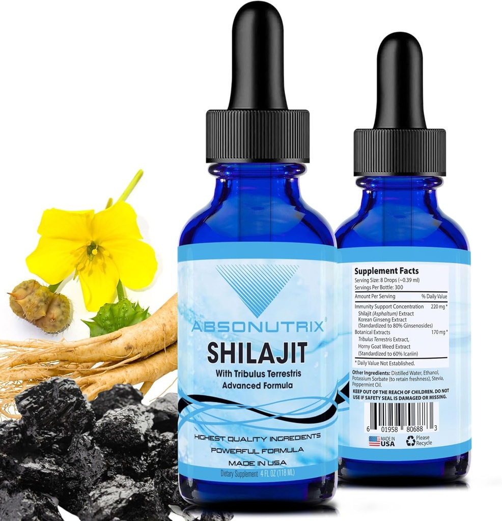 Absonutrix Shilajit Tribulus Terrestris 390 mg, 4 Oz Liquid, 300 Servings, Made in USA, Quick Absorptio, Quality Potent Ingredients, Ei-GMO, GMP Certified Facility, Julma-vapaat tuotteet