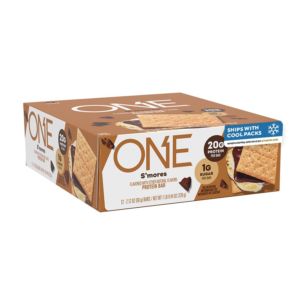 ONE Protein Bars, Smores, Gluten Free med 20g Protein och 1g Sugar, Pantry Staples, 2,12 oz (12 greve), Förpackning maj Vary