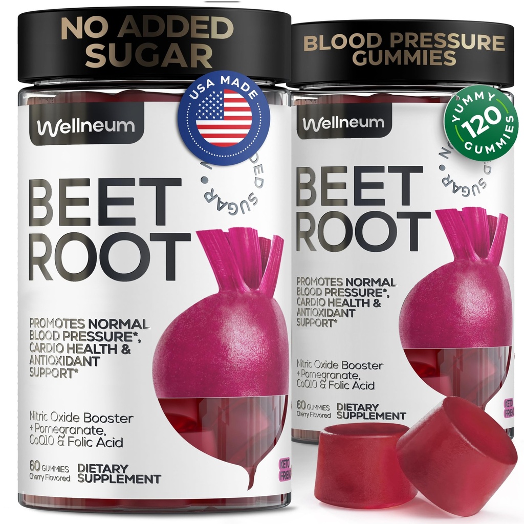 Betor för högt blodtryck 120 Pcs (2 Pack) - Beet Root Chews med granatäpple juicepulver - Nitric Oxide Gummies för energi, Cardio Health - Gummy Supplement för män och kvinnor - Sugar Free