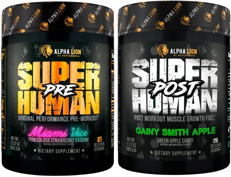 AAKKOSELLINEN LION Superhuman Pre Treenout Powder & Post Treenout Recovery Bundle (Miami Vice & Gainey Smith Apple)