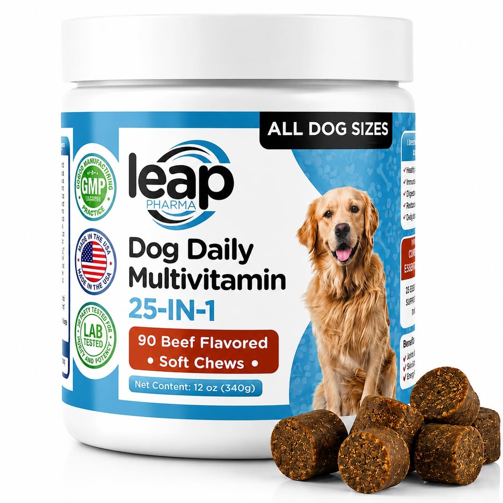 Multivitaminer & tillägg för hundar - Krill Oil, Omega 3,6,9, pre & probiotika, väsentliga vitaminer, för Hip & Joints, Skin & Coat, Digestive, Immunity Support (90 Chews)