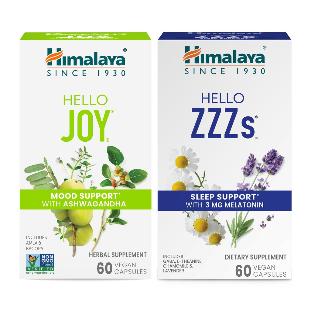 Himalaya Hei Joy Ashwagandha parantaa mielialan ja henget & Hei ZZZs Melatonin uni tuki, 60 kapselia Jokainen - Bundle