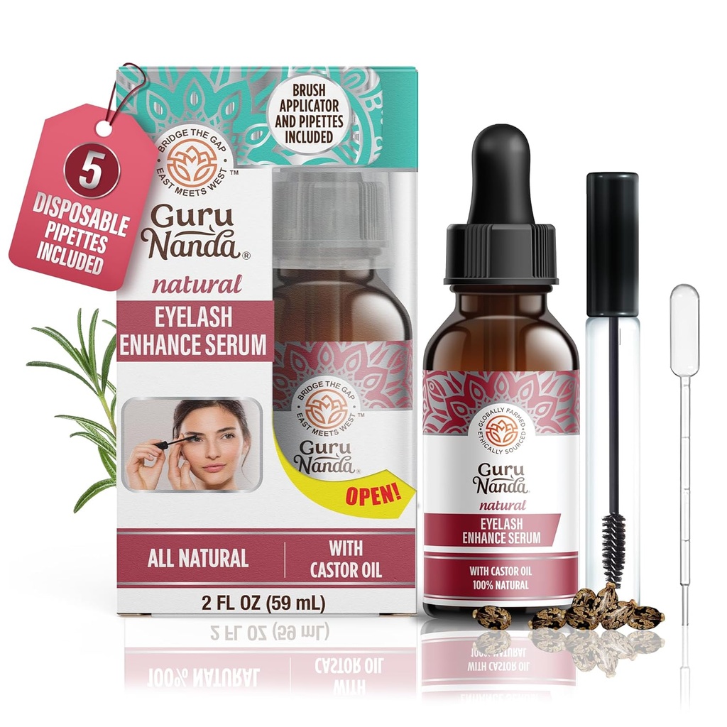 GuruNanda Natural Castor Oil Eyelash Enhance Serum med Rosemary Oil - Brush Applicator & 5 Pipettes, hjälper naturligt hår tillväxt för ögonbryn och skägg, 2 Fl Oz