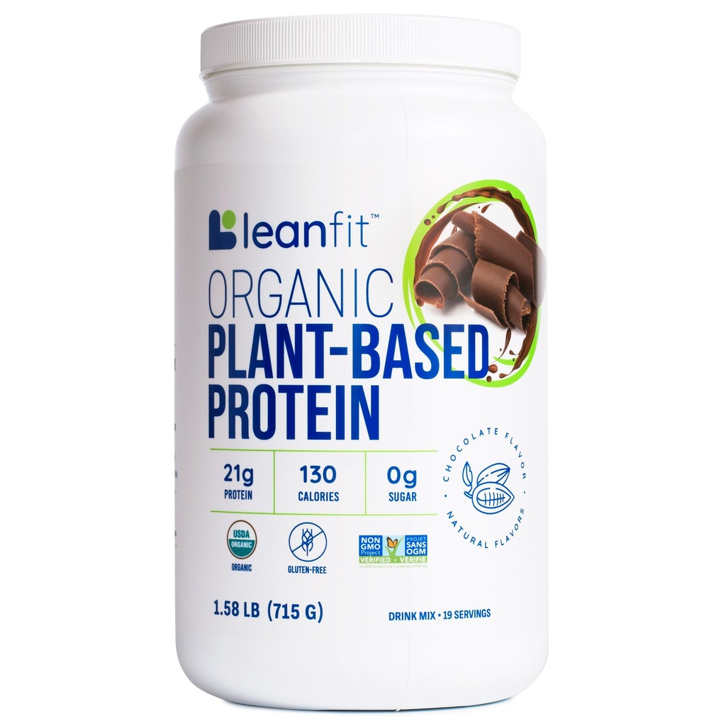 LeanFit Organic Plant-Based Protein Powder, Natural Chocolate Flavor - Vegan, USDA Organic Certified, Soy-Free, Gluten-Free, Dairy-Free, Sugar-Free, Non-GMO - 21g Protein, 18 Servings, 1,58 Pound Tub