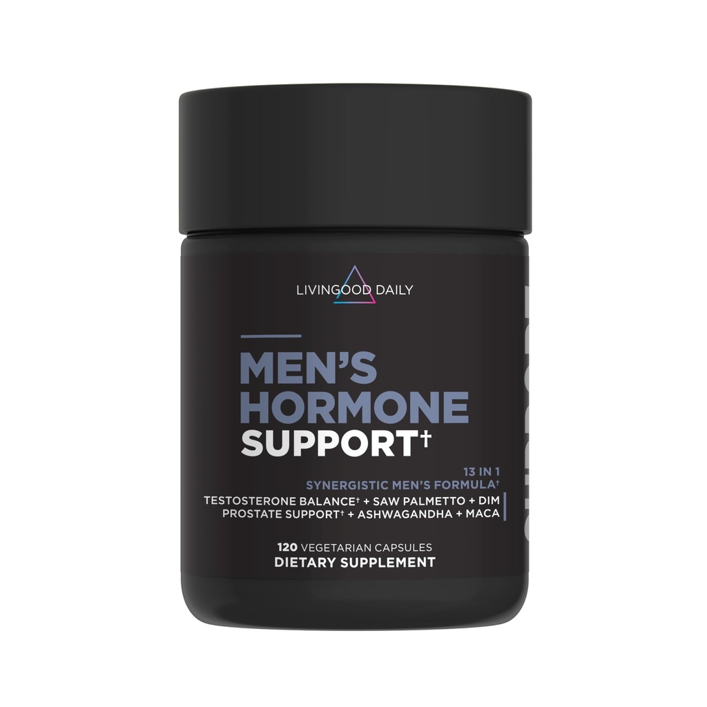 Livingood Daily Men's Hormone Support Supplement för Vitality & Balance, 14-i-1 Testosteron Booster för Män med Ashwagandha, Maca, DIM, Zink, Saw Palmetto, Vitamin B12 & More, Vegan, 120 kapslar