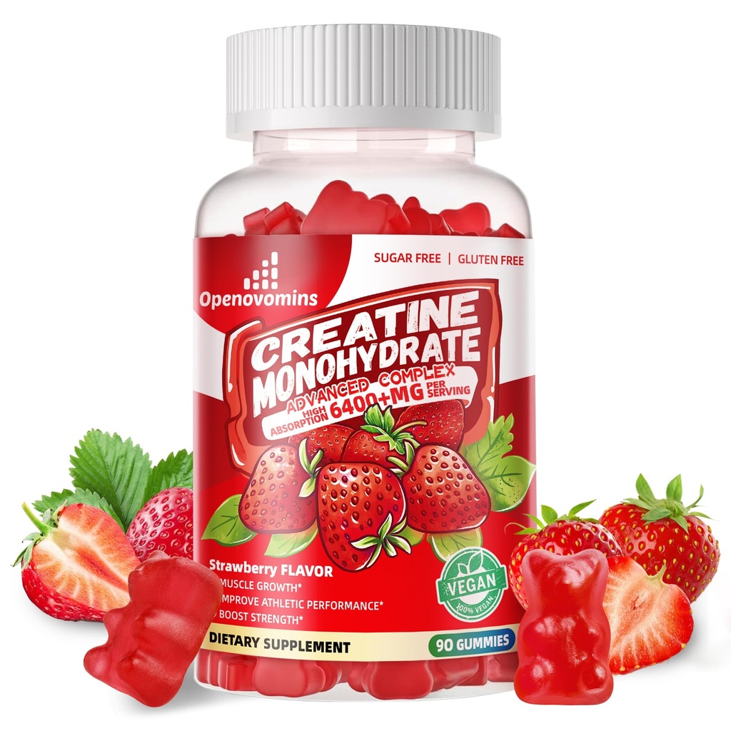Kreatiini Monohydraatti Gummies Complex miesten ja naisten - Advanced Formula W/L-Tauriini + B12-vitamiini, sokeriton purutabletti,90 mansikka Gummies