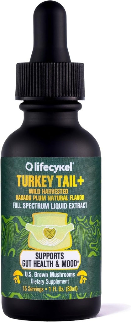 Life Cykel - Turkey Tail Mushroom Liquid Extract kanssa Kakadu Plum - Immunosupport & Digestive Health Prebiotic Supplement - Vegan, ei-GMO ja Gluteeniton - 1 Fl Oz