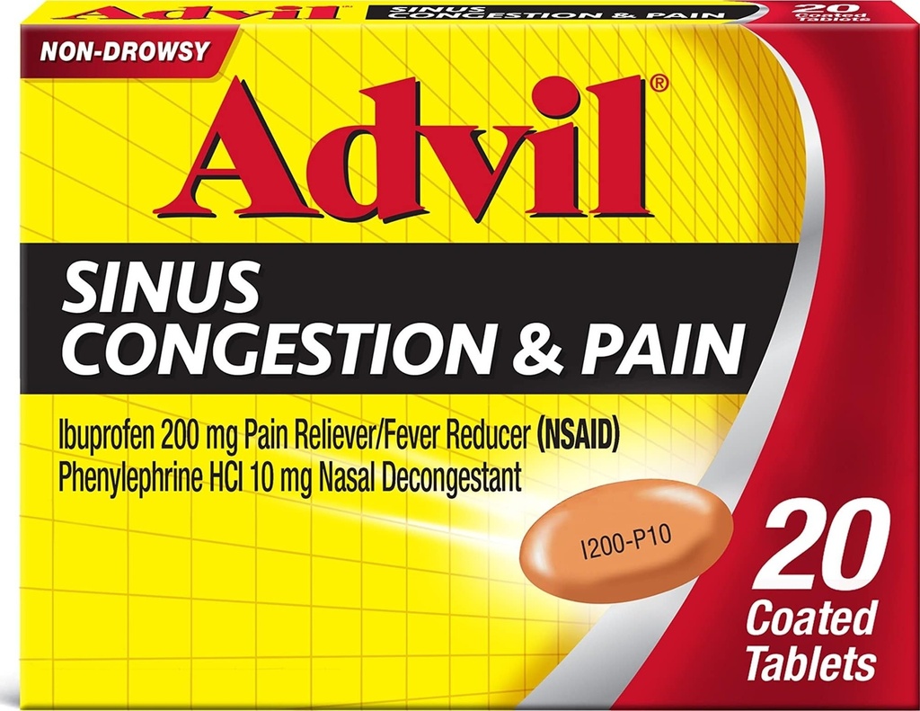 Advil Sinus Congestion and Pain, Sinus Relief Medicine, Pain Reliever och Fever Reducer med Ibuprofen och Phenylephrine HCl - 20 Belagda tabletter