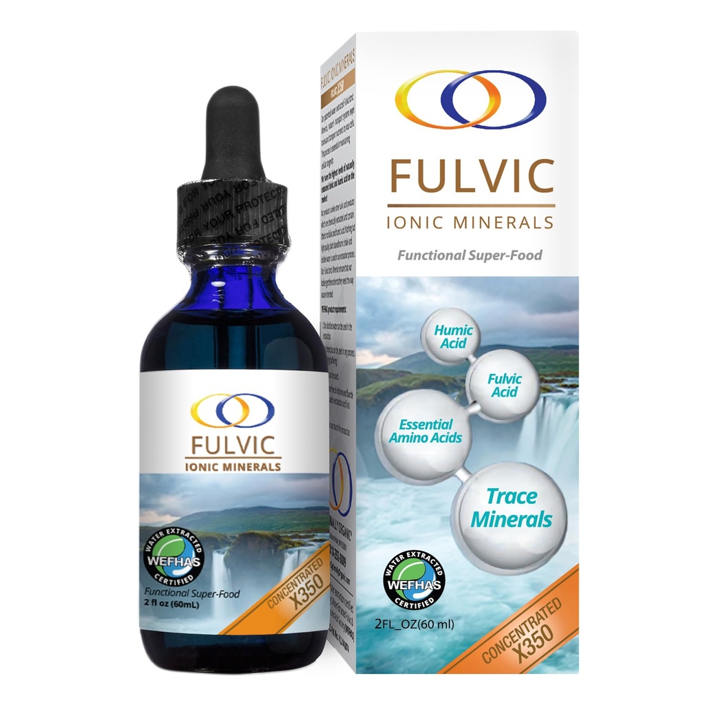 Optimaalisesti orgaaninen vesiuutettu Fulvic Ionic Minerals X350 - Patentoitu BioActive Fulvic Acid, Hummerihappo, Trace Minerals, Electrolyytit & Essential amino Acids - 8+ kuukauden toimitus!