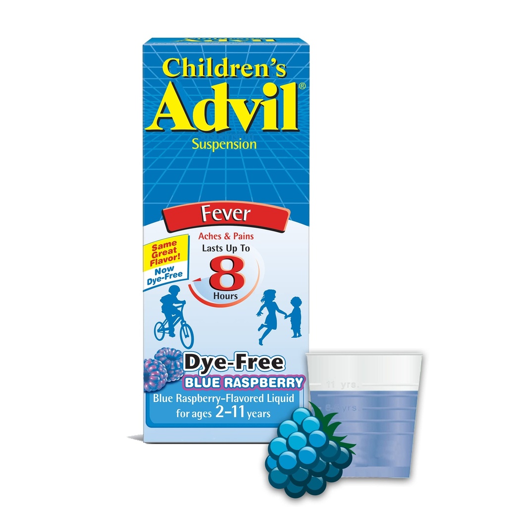 Barnens Advil Suspension (4 fl. oz, Blue Raspberry-Flavored), 100mg Ibuprofen Fever Reducer/Pain Reliever, Liquid Pain Medicine, Ages 2-11