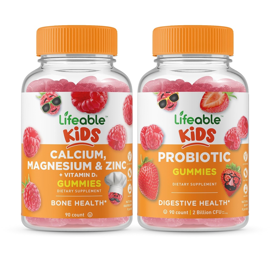 Elinkelpoinen kalsium Magnesium ja sinkki Lapset + Probiootti 2 miljardia PMY Lapset, Gummies Bundle - Suuri maistaminen, vitamiini täydentää, gluteeniton, GMO vapaa, pureskeltava Gummy