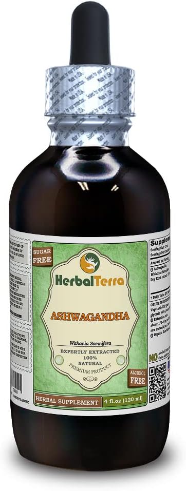 Ashwagandha (Withania Somnifera) Glycerit, Organic Dried Root Alcohol-Free Liquid Extract (Brand Name: HerbalTerra, Proudly Made in USA) 4 fl.oz (120 ml)