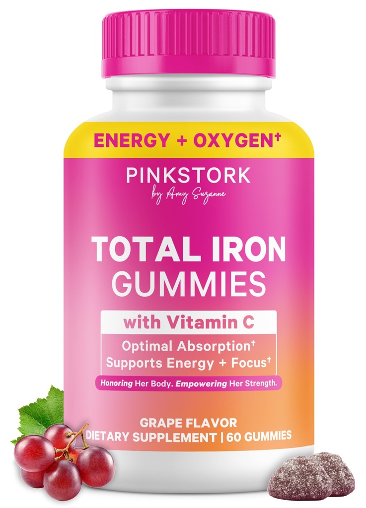 Pink Stork Prenatal Iron Supplement Gummies för kvinnor - 20 mg med vitamin C - Grape Chewable för brist, energi och blodbyggare - 60 Gummy Chews