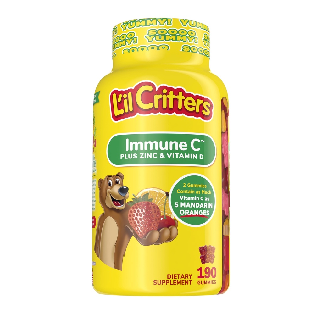 L'il Critters Kids Immuuni C-vitamiinia, Sinkkiä ja D3-vitamiinia immuunitukea, 190 ct (95-190 päivän tarjonta), 4 herkullisia makuja America