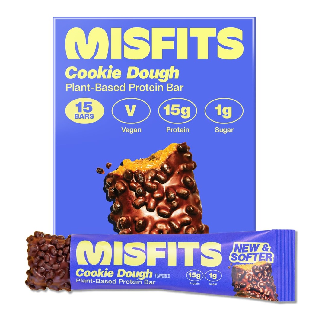 Misfits Vegan Protein Bars, Cookie Dough - Uppdaterat recept | Plant Based, Low Sugar & Carb, High Fiber Snacks | Pack av 15