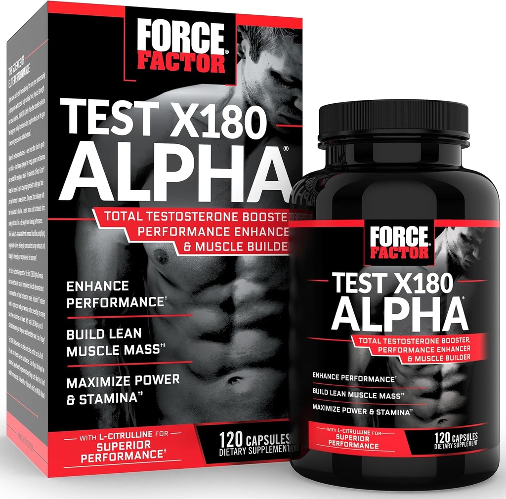 Force Factor Test X180 Alpha Testosteronin tehosteaine miehille, Testosteronin lisäaine patentoidulla sarviaukolla ja L-sitrulliinilla Lean Muscle, Strength, Energy, Power & Performance, 120 kapselia