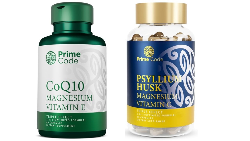 Prime Code CoQ10 250 mg magnesiumglykinaatti ja E-vitamiini, Psyllium Huskin kapselit magnesiumsitraatti ja C-vitamiini