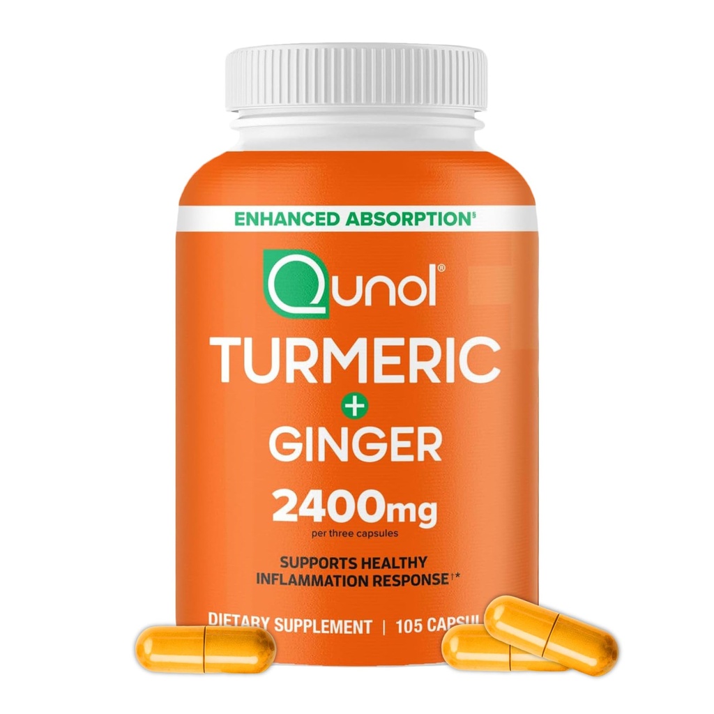 Qunol Turmeric Curcumin med Black Pepper & Ginger, 2400mg Turmeric Extract med 95% Curcuminoids, Extra Strength Supplement, Förbättrad Absorption, Joint Support Supplement, 105 Räkna