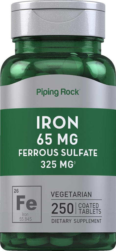 Piping Rock Iron Ferrous Sulfate 65 mg | 250 tabletter | Järntillskott | High Potency Formel | Vegetarian, icke-GMO, Gluten Free