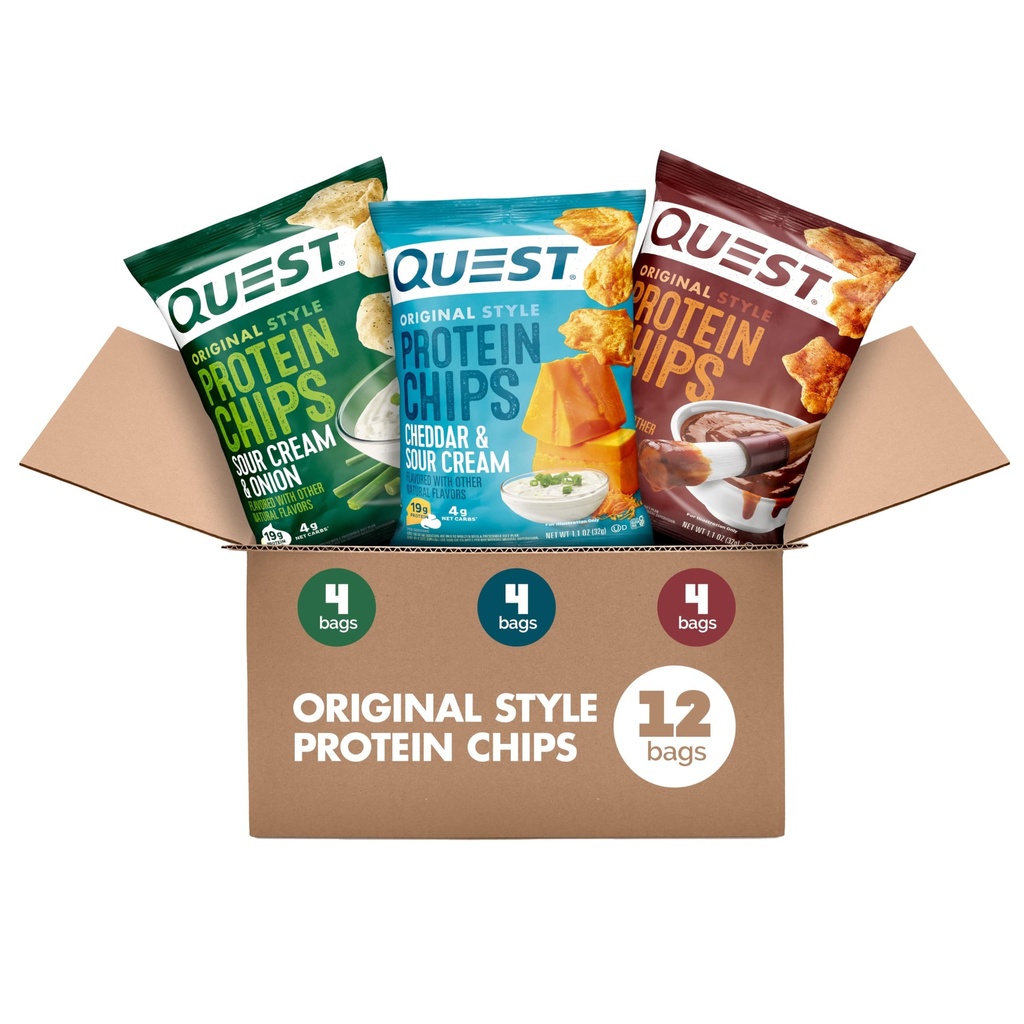 Quest Nutrition Protein Chips Variety Pack, BBQ, Cheddar & Sour Cream, Sour Cream & Sipuli, korkea proteiini, Low Carb, 1,1 oz (Pakkaus 12)