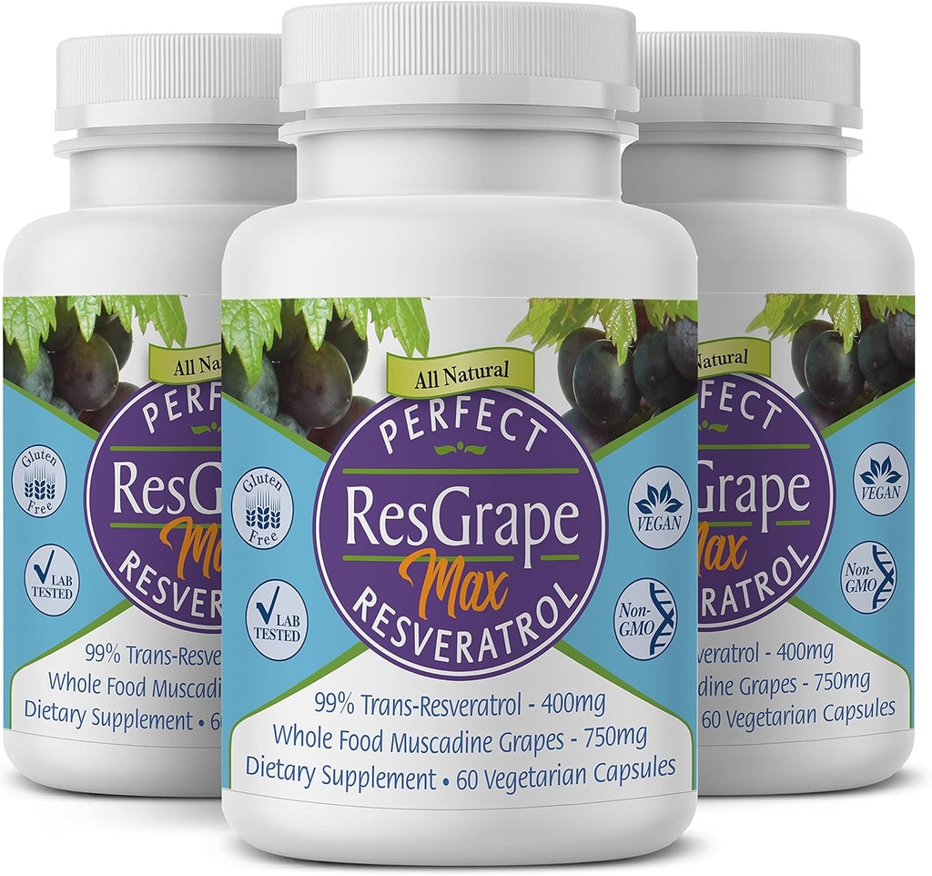 Täydellinen ResGrape Max, 60 kasviskapselia per pullo(Pack of 3) ~ 99% Trans- Resveratrol & Muscadine Grape ~ Anti-aging Supplement & Potent Antioksidantti