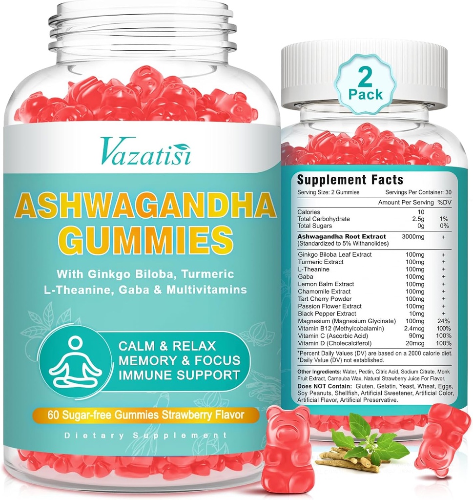 2 Pack Ashwagandha Gummies Turmeric GABA Mieliala energia ja immuuni tuki, mansikka maku 120 Ct