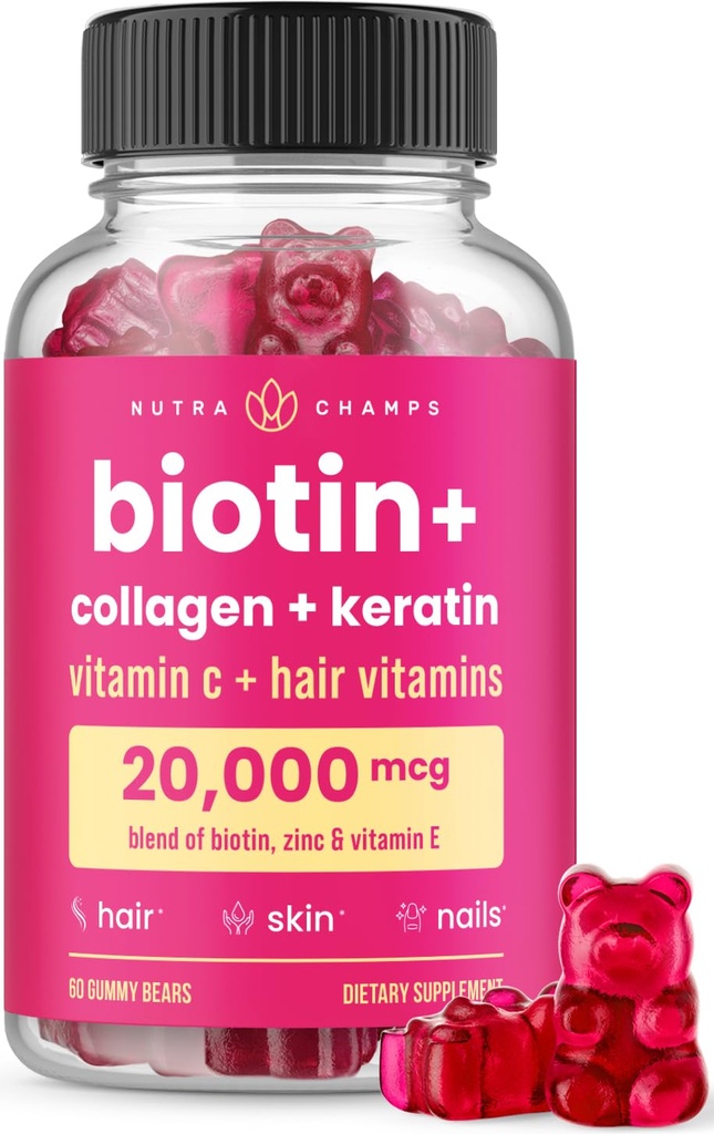 NutraChamps Hair Skin & Nails Gummies ... Biotiini Collagen & Keratin ... 5000mcg Biotin Beauty Complex...
