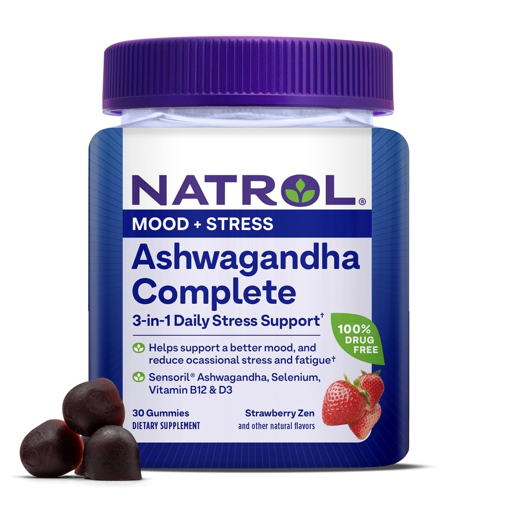 Natrol Ashwagandha Complete Gummy, 3-i-1 Daily Stress Support, stöder bättre humör, minskar yrkesstress och trötthet, 30 gummies, upp till en 15 dagars leverans