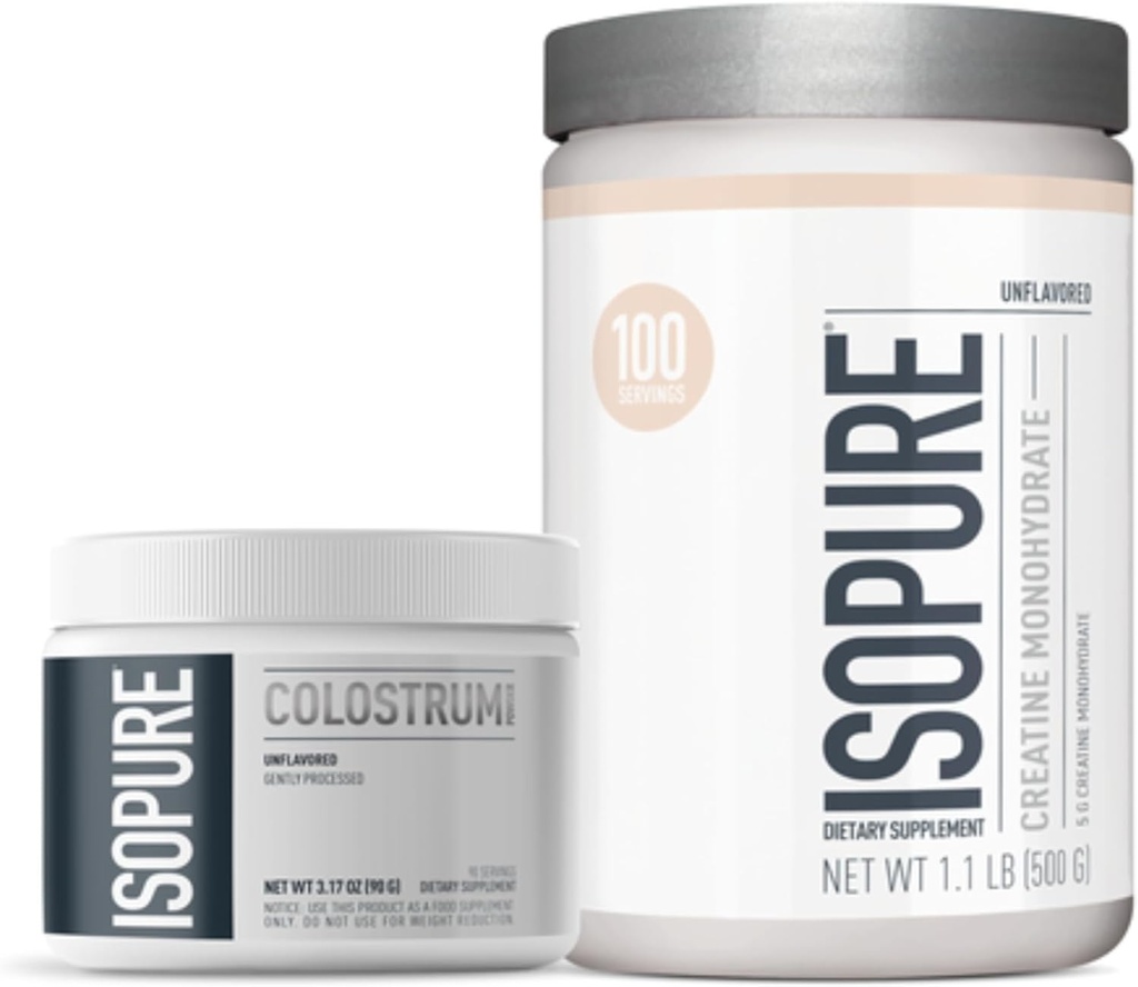 Isopure Naudan Colostrum Supplement Powder, Hellävaraisesti käsitelty, 90 tarjoilua + Isopure Unmakuinen Creatiini Monohydraatti Powder, 5g Creatiini Monohydraatti per Scoop, 100 tarjoilua, 500g
