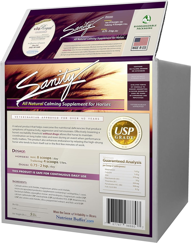 Sanity - Equine Behavioral Calming Focus Supplement for Horse - Magnesium, Kalsium, Sinkki, B-vitamiinit, Aminohapot, Probiootit, tiamiini, Foolihappo, Niasiini, Piparminttu ja enemmän