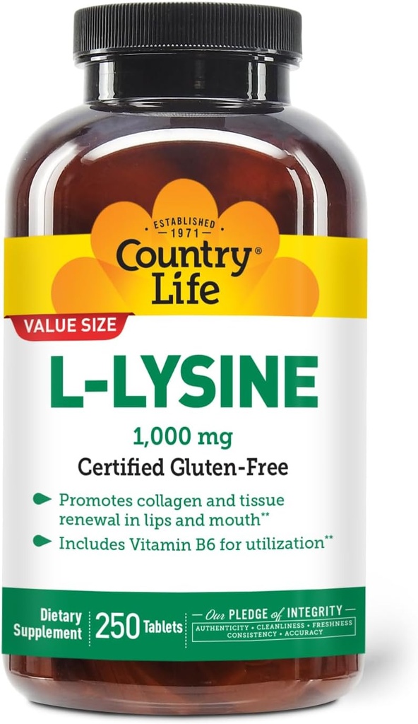 Country Life L-Lysine 1000mg kanssa B-6, tukee immuuniterveyttä, edistää Collagen uudistumista huulet ja suu, 250- Count, Certified Gluten Free, Certified Vegan