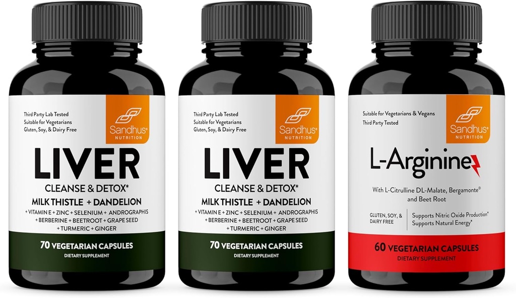 Sandhu's Liver Renew Cleanse & L-arginiini typpioksidin esikursorikapseleilla tukee immuuni-, ruoansulatus-, energia- ja tervettä verenkiertoa