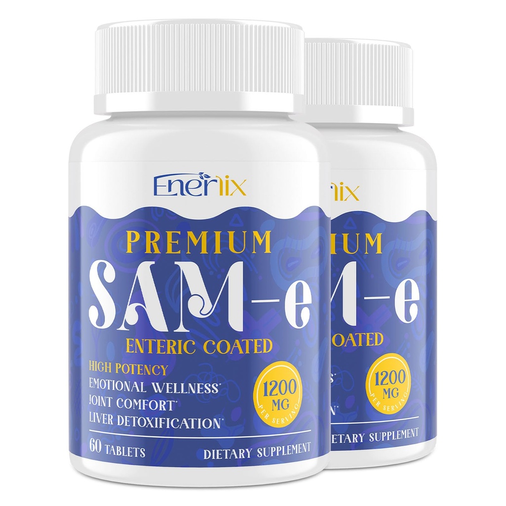 1200 MG SAM e Supplement for Brain, Mood, Joint, and Liver, High Absorption SAM-e (S-Adenosyl-L-metioniini) CoQ10, 5-HTP, Enteric coated 120 tablettia, Vegan