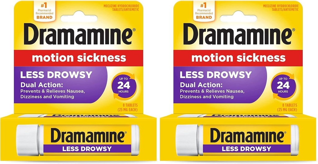 Dramamiini All Day Vähemmän Drowsy Motion Sairauden lievittäminen 8 tablettia mukana (pakkaus 2)