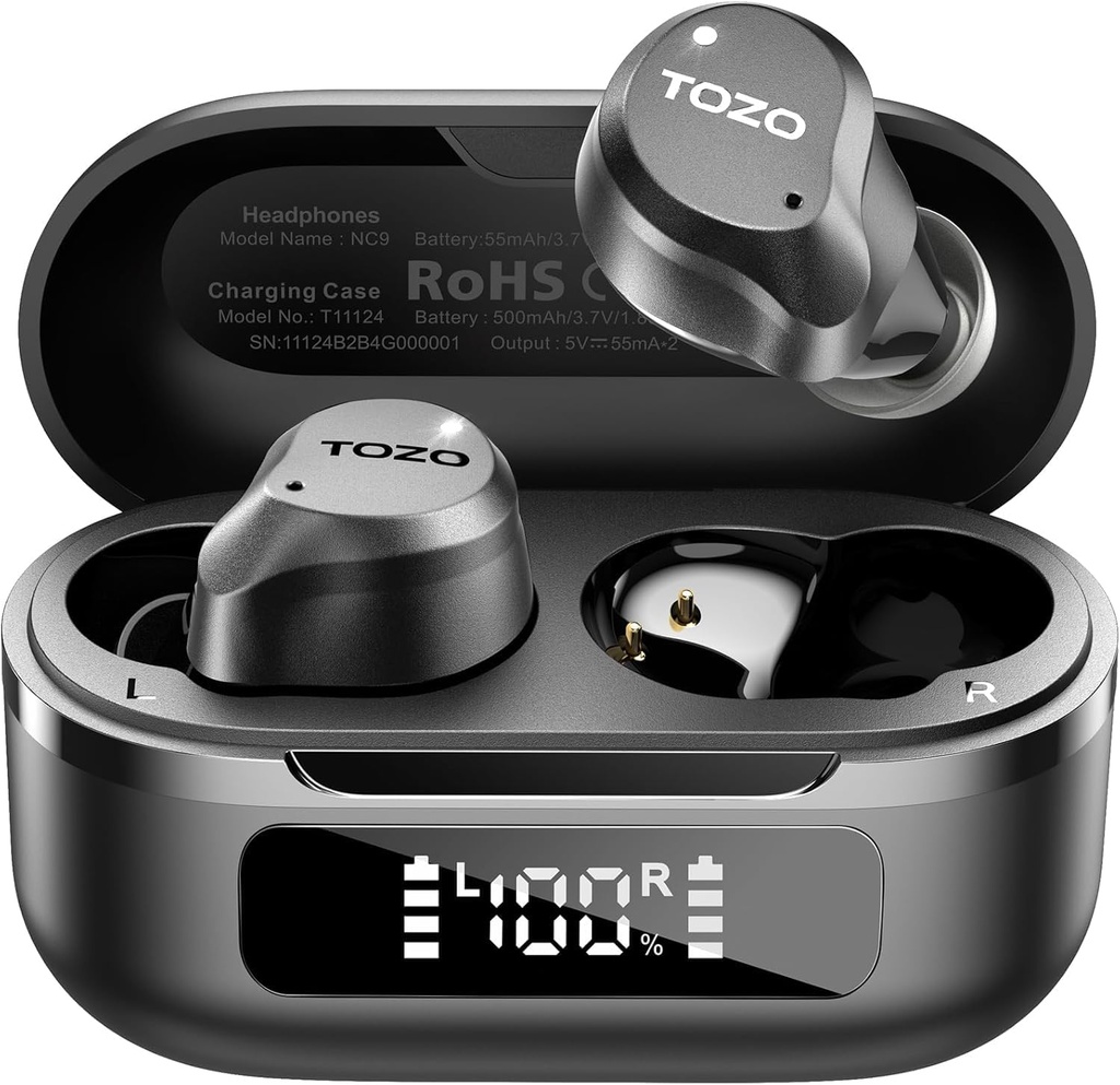TOZO NC9 Hybridi Aktiivinen melu Canceling langaton kuulokkeet, 6 Mics ENC Clear Call, IPX8 vedenpitävä, Ear Bluetooth 5.3 Kuulokkeet Stereo basso korva Buds 59H Leikkiaika LED-näytöllä 32 EQ:a APP:n kautta