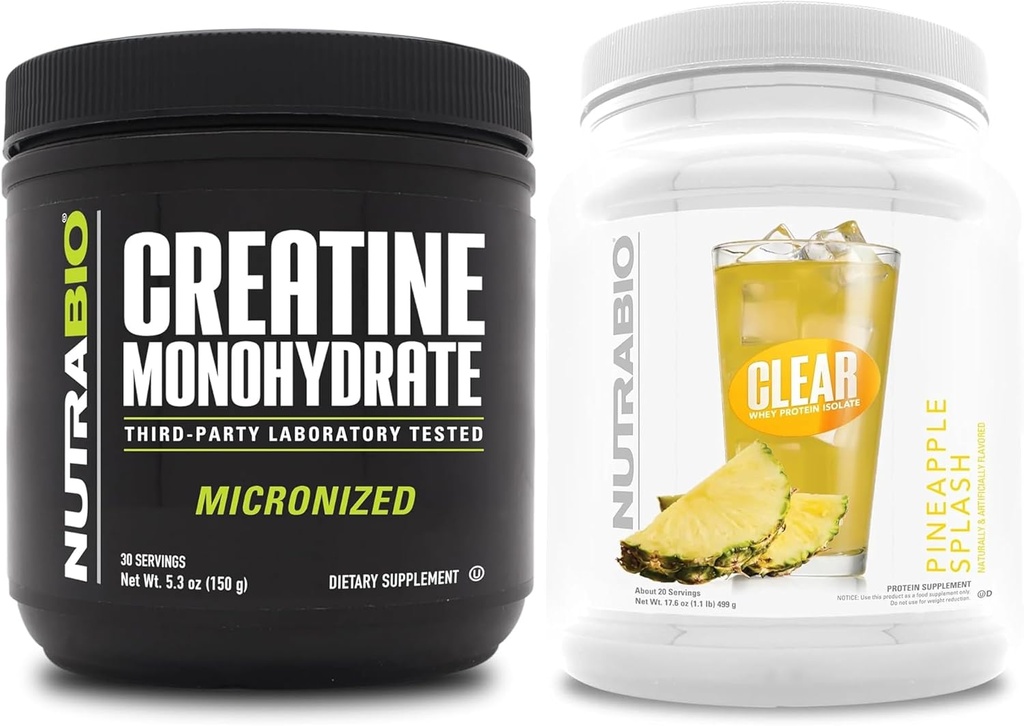 NutraBio Creatiini Monohydraatti, makuamaton, (150 g) ja kirkas Whey Protein Isolate, (Pineapple Splash) täydennysosa Bundle ... Lihasenergia, suurin kasvu, elpyminen ja vahvuus