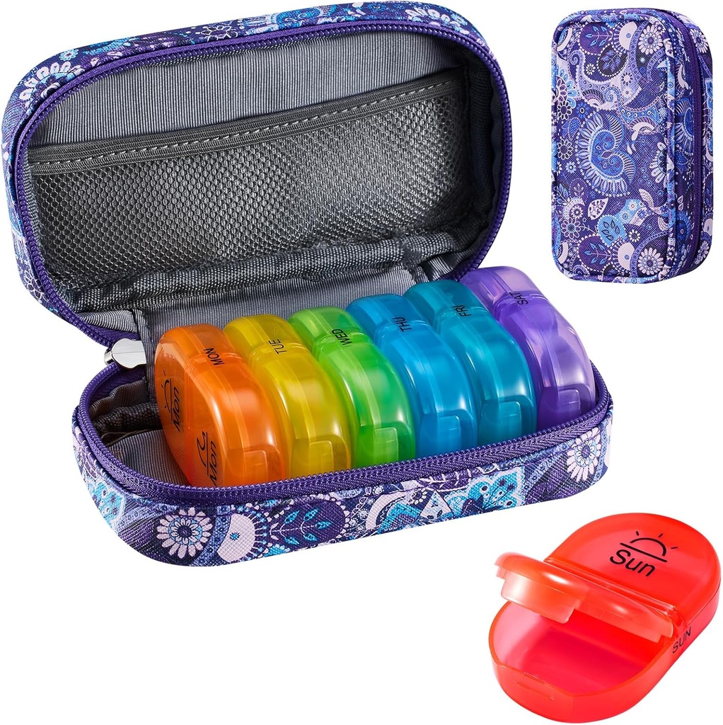 Serfeymi Weekly Travel Pill Organizer 2 Times A Day AM PM Uppgraderad Rainbow Pill Box 7 Dag med Portable Zipper PU Leather Pill Case, Medicine Organizer för piller, vitaminer, fiskoljor - Purple-01