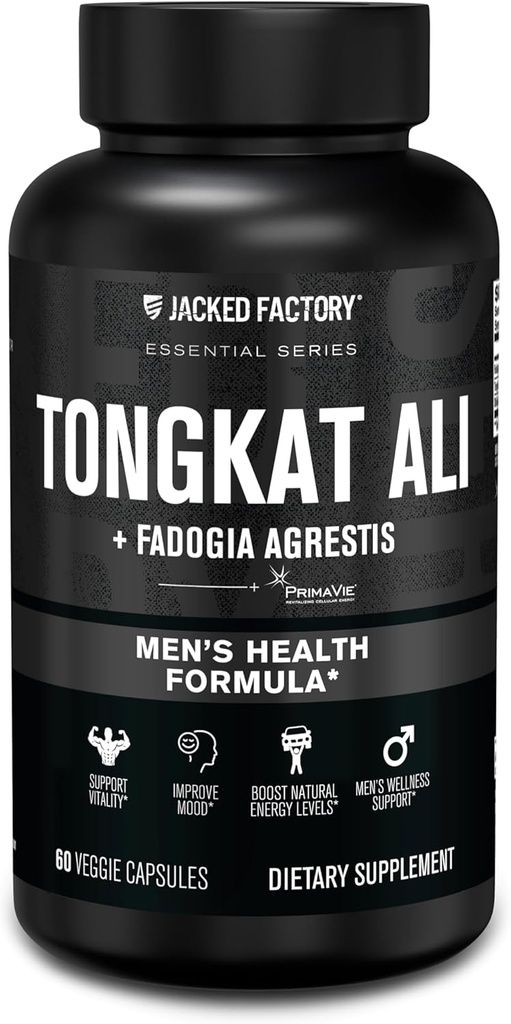 Jacked Factory Indonesia Tongkat Ali + Fadogia Agrestis - 200:1 Pura Longjack Tongkat Ali miehille Fadogia Agrestis 600mg & Primavie Shilajit tukemaan elinvoimaa, energiaa, & Mood - 60 kapselia