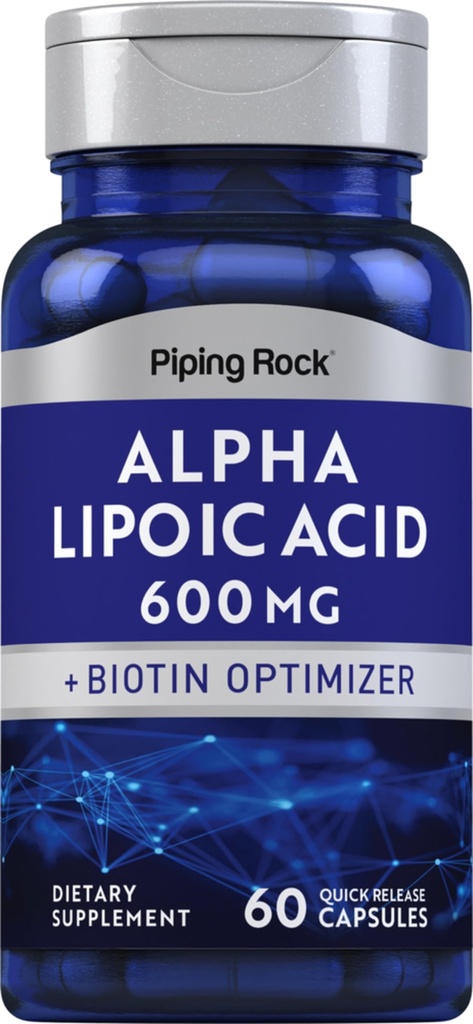 Piping Rock Alpha Lipoic Acid 600 mg ALA Biotin Optimizer 60 kapselia ei-GMO, gluteeniton lisäosa